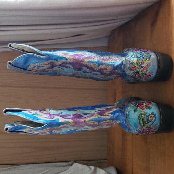 SOLD - Custom Hand Painted Dan Post Eelskin Boots Men's Sz 8 or Women's 10W - Picture 2 of 5